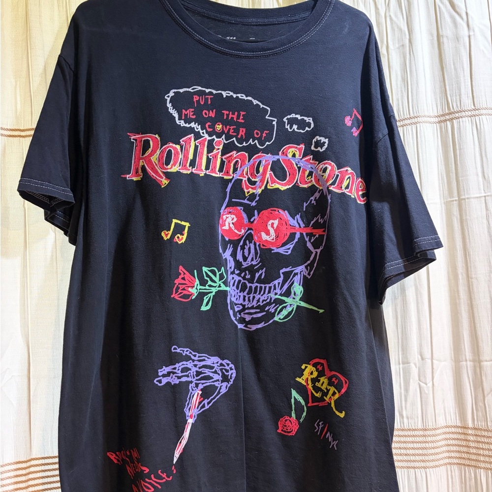 Oversized Rolling Stones Black Logo Tag Tee with White Print